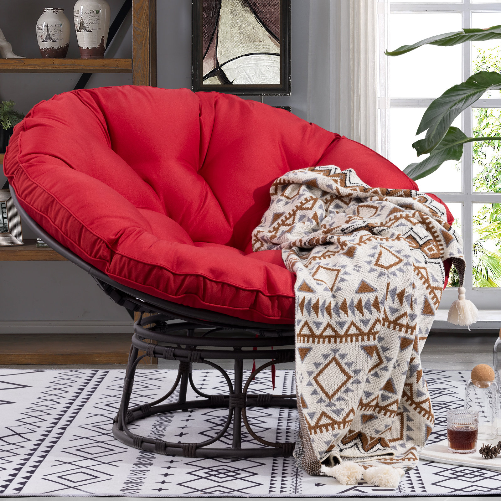 Papasan Patio Chair with Cushions Red Barrel Studio Cushion Color Red